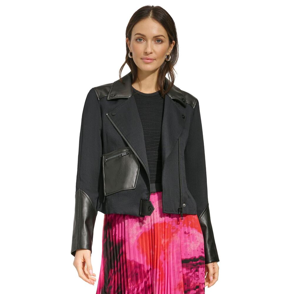 DKNY Faux-Leather-Accent Moto Jacket Black NWT Size Large